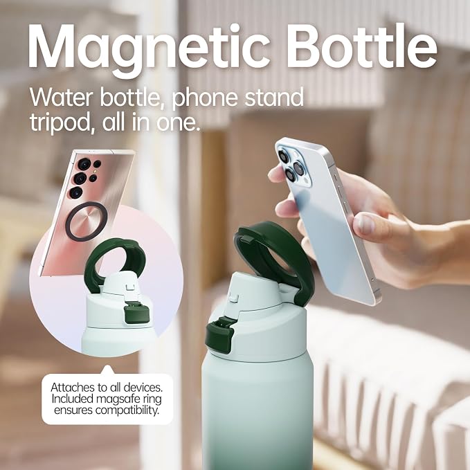 Insulated Magnetic Water Bottle - Reusable Stainless Steel Bottle with MagSafe Compatible Phone Holder - Keeps Cold for 24 Hours - Perfect for Gym, Sports, and Travel - Gradient Green 24oz