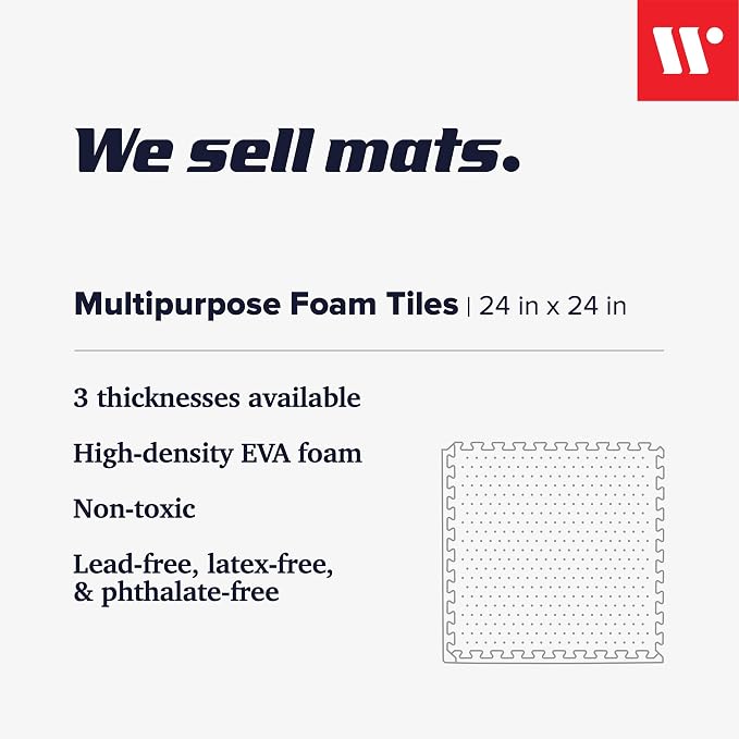 We Sell Mats 1/2" Thick Multipurpose EVA Foam Exercise Floor Mat, Interlocking Tiles, Anti-Fatigue for Home or Gym, 24 in x 24 in, 12 Tiles, White