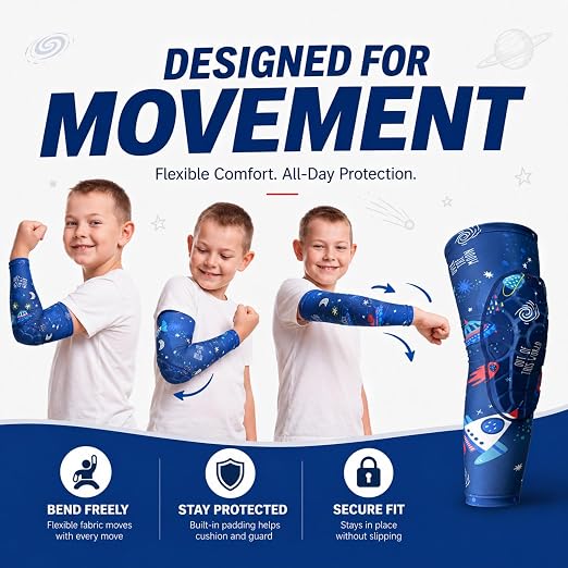 AceList Space Elbow Pads for Kids, Youth Volleyball Arm Sleeves for Boys Girls, Protective Compression Gear for Basketball Football Wrestling, Anti-Slip Stay-Up Protective Gear, 1 Pair (Size L)