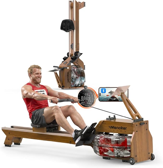 Water Rowing Machine for Home Use, WENOKER Wooden Foldable Rower Machine with Dedicated Monitor & Bluetooth APP