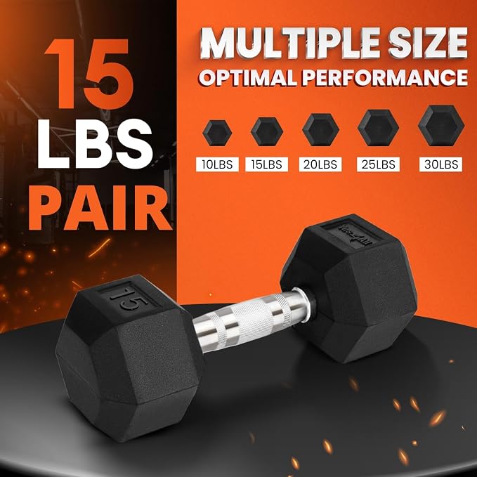 Yes4All Chrome/Rubber Grip Encased Hex Dumbbells – Hand Weights With Anti-Slip 10-30 LBS Pair