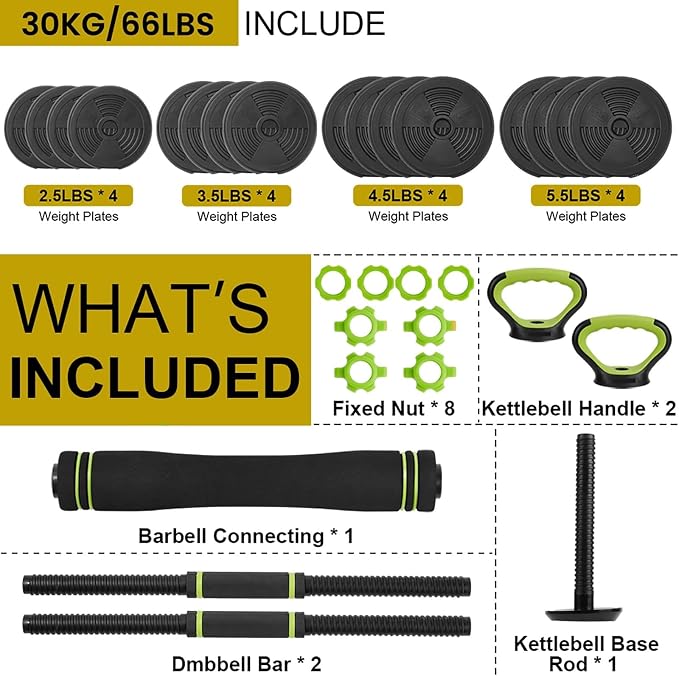 66/88Lbs Adjustable Weights Dumbbells Set for Home Gym, 4-in-1 Free Weights Set with Connector, Used As Push Up Stand, Adjustable Barbell, Kettlebells, Weights for Men & Women, Non-Slip Grip, Space-Saving