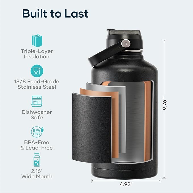 BUZIO 64 oz Insulated Stainless Steel Water Bottle with Dust-proof Lids | Half Gallon Water Jug (Dishwasher Safe), Cold for 48 Hrs, Triple Wall with Copper Plating, for Gym, Hiking, Camping, Black