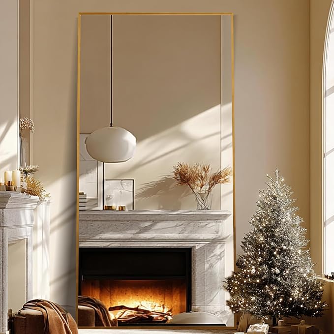 Beauty4U 79" x 39" Full Length Mirror with Stand, Gold Large Floor Mirror | Standing, Leaning, or Wall-Mounted Tempered Glass Full Body Mirror with Metal Frame for Bedroom, Closet, Modern Home Decor