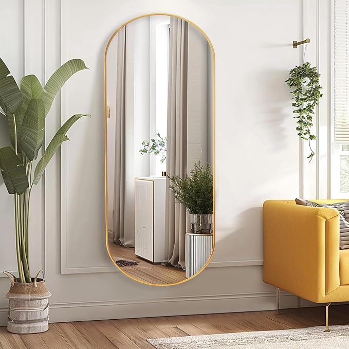 ZHUNFA Arched Full Length Floor Mirror, 64×21 Oval Full Floor Mirror | Large Wall Mounted Arched-Top Body for Living Room, Bedroom, Bathroom, Entryway, Dressing Room, gold
