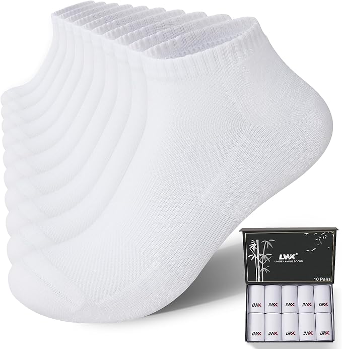 LWK Men's Bamboo Viscose Ankle Socks 10-Pack, Thick Cushioned, Seamless Toe, Moisture Wicking, Arch Support, Gift Box