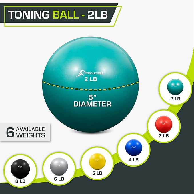 ProsourceFit Weighted Toning Exercise Balls for Pilates, Yoga, Strength Training and Physical Therapy, 2 lb to 8 lb, Color Coded