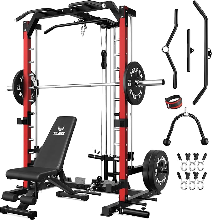 SR01 Smith Machine, 2000LBS Multi-Function Power Cage with LAT Pulldown System, All-in-One Home Gym Squat Rack with Smith Bar and Training Attachments for Full Body Workouts