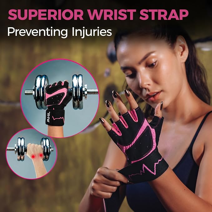 MhIL Workout Gloves for Women – Breathable Gym Gloves for Women with Palm Protection and Enhanced Grip – Padded Weight Lifting Glove for Womens with Wrist Wraps Support Weightlifting Exercise Cycling