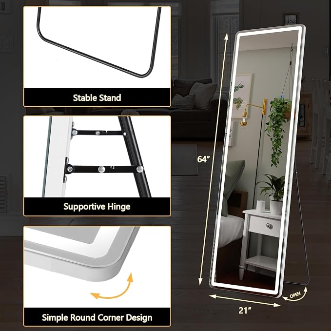 NEWBULIG 64"x21" LED Full Length Mirror, Full Body Standing Mirror, White | Leaning or Standing, Tempered Glass, Aluminum Alloy Thin Frame Floor Stand for Bedroom, Cloakroom