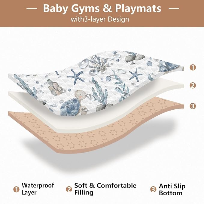 Baby Play Mat Sea Turtle Seashell Starfish 50" X 50" Play Gym Crawling Mat Soft Non-Slip Portable Picnic Floor Mat for Infant, Babies, Toddler, Kids