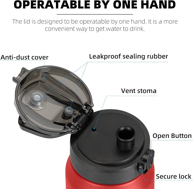 Fanhaw 24 oz Insulated Stainless Steel Water Bottle with Anti-Dust Chug Lid, Leakproof Vacuum Metal Everyday Use Bottle for Kids, Teens & Adults, Back to School Essentials (Red)