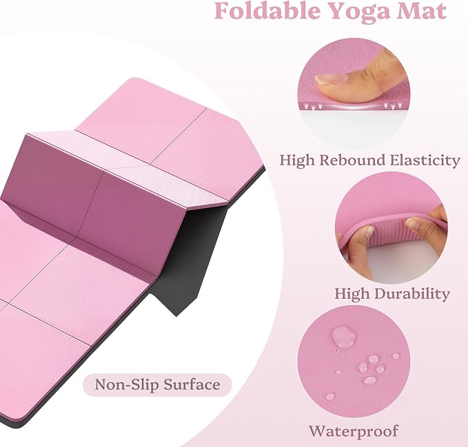 Foldable Yoga Mat Non Slip, Pilates Fitness Mats, 72" x 24" Extra Width ＆ Thick, Anti-Tear Exercise Mat with Carrying Strap and Bag, Workout Mats for Stretching,Yoga Studio,Gym or Home Workouts