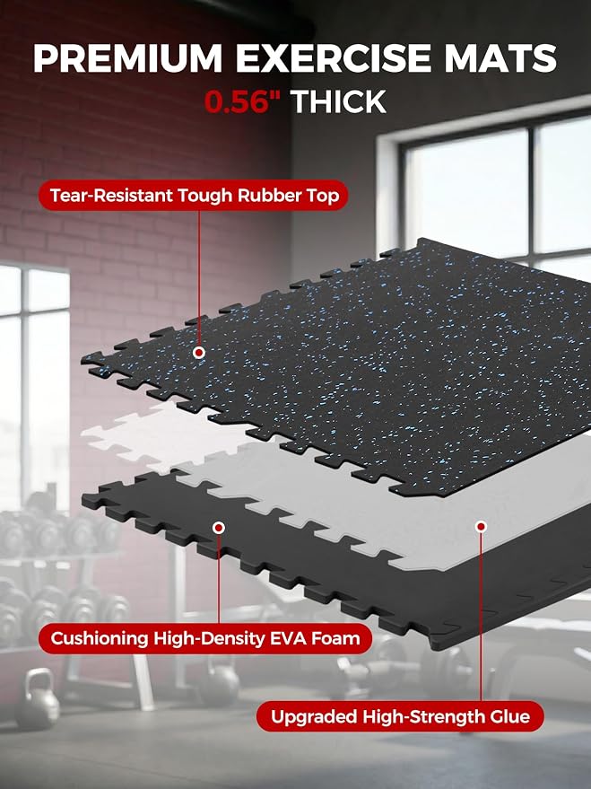 0.56" Rubber Top Gym Flooring, 24 Tiles 96 Sq Ft Heavy Duty Interlocking Gym Mats for Home Gym, Non-Slip High Density EVA Foam Workout Mat, Protect Floors from Weights, 24x24in, Black/Blue