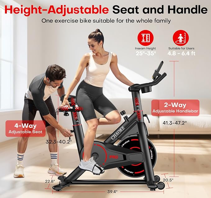 CHAOKE Exercise Bike, Quiet Adjustable Magnetic Stationary Bike for Home Cardio with App Compatible, 350LB Weight Capacity Indoor Cycling Bike with Comfortable Seat, Digital Display for Home Fitness