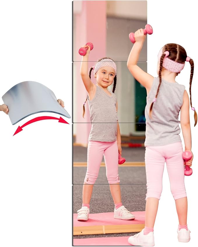 Unbreakable Acrylic Full Length Mirror for Wall Mounted, Full Body Mirror for Kids, Flexible Plastic Safe Shatterproof, 4 PCS 14 x 14 Inches, Workout Mirrors Tiles for Home Gym, Bedroom Over The Door
