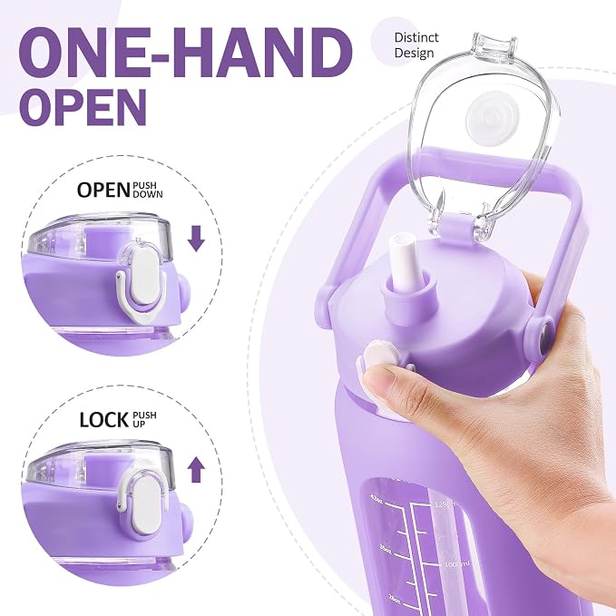 56oz Glass Water Bottles with Straw, Motivational Glass Bottle with Silicone Sleeve and Time Marker, Leakproof Large Glass Water Jug for Gym Home Office,Purple