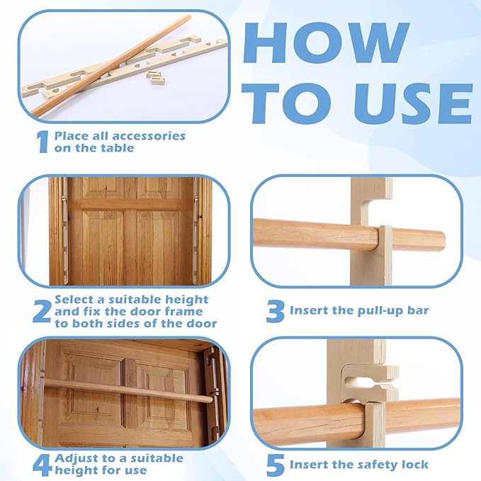 Leinuosen Doorway Pull-up Bar Sets Adjustable 5 Levels Wooden Doorway Pull-up Bar and 2 Door Frame with 6 Sets of Screw-in Heavy-duty Door-mounts to Fits 118cm