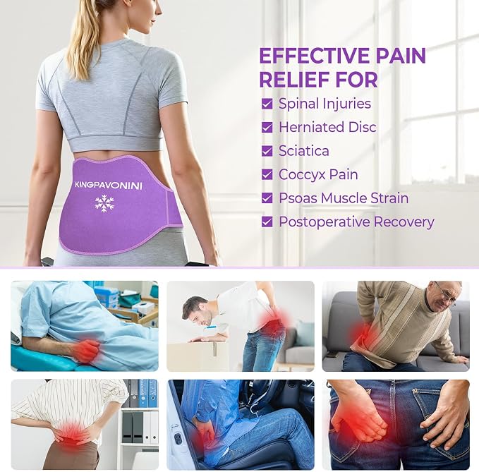 Extra Large Ice Pack for Back Pain Relief, 2 Gel Packs, Purple | 35-Min Long-Lasting & Instant Pain Relief, Leakproof Back Ice Pack, Extension Strap, Hot Cold Therapy, Skin-Safe Lycra Fabric