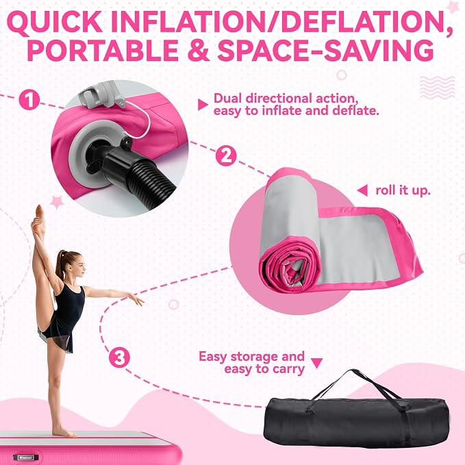 FBSPORT 6.6ft/10ft/13ft/16ft/20ft Inflatable Air Gymnastics Training Mat | 4/6/8 inches Thickness Inflatable Mat, with Electric Pump, Suitable for Home Training/Cheerleading/Yoga/Water