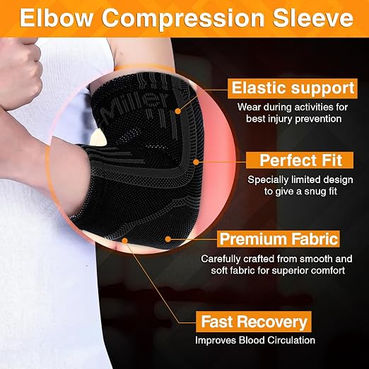 Doc Miller Elbow Compression Sleeves for Tendonitis, Women & Men, 1 Pair | Compression support, Arm Brace, Tennis Injuries, Bursitis Relief, Tendon Care, Active Use, Sports & Recovery