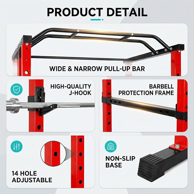 Squat Rack with Protection Arm, 1200 Lbs Capacitys All in One Power Cage, 44.3 x 45.6 x 81.5 Inch, 14.0 sq.ft Footprint Adjustable Fitness Power Gym Cage for Home Gym