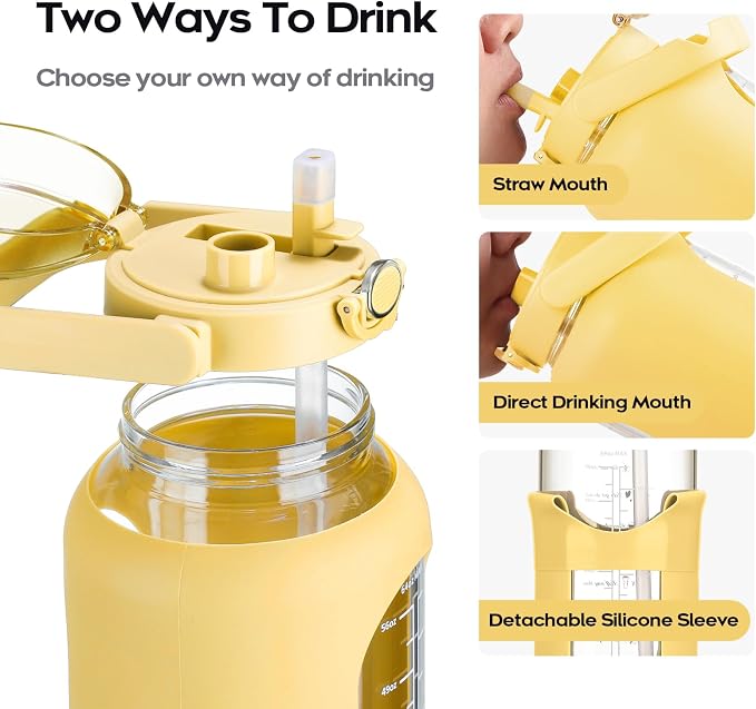 chunmo 74 oz Glass Water Bolttles with Straw Large Motivational Water Bottle with Time Marker Sports Water Bottles with Silicone Sleeve and Handle Lid 2.2L Water Jug for Gym Workout