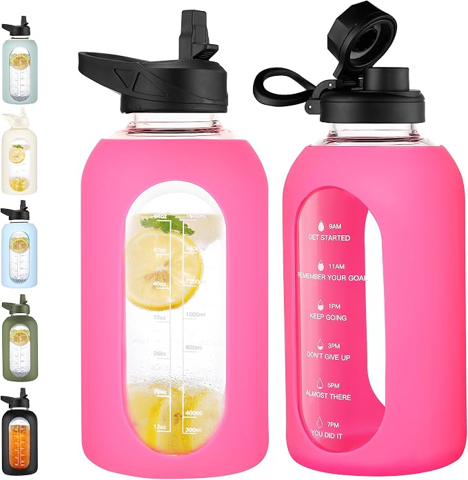 CIVAGO 64 oz Glass Water Bottle with Straw, Half Gallon Large Water Jug | Motivational, Time Marker, Leakproof Lids, Wide Mouth, Flask Cup with Handle and Silicone Sleeve, for Juices, Camelia