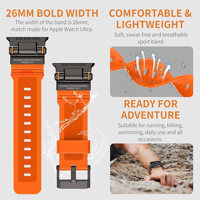 Band Compatible with Apple Watch Ultra 3/2/1 Band 49/46/45/44mm | Metal Connector with Silicone Rugged Strap for iWatch Ultra Series 11/10/9/8/7/6/SE3/SE2/SE/5/4/3/2/1, Orange/Black