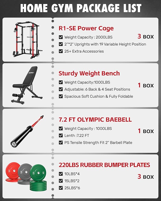 RH01 Power Cage Rack, 2000LBS Squat Rack with with Cable Crossover System&LAT Pull Down System, Multi-Function Workout Cage for Home&Garage Gym