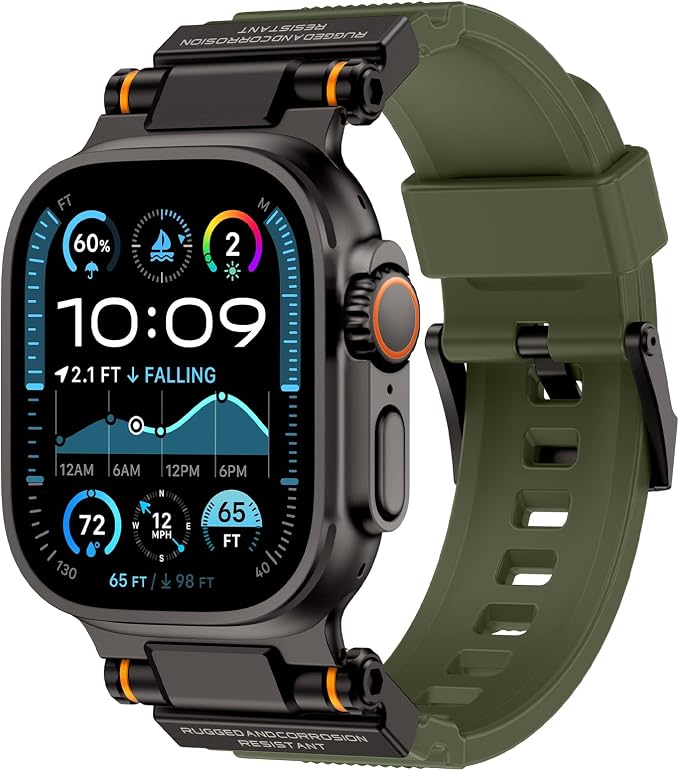 Band Compatible with Apple Watch Ultra 3/2/1 Band 49/46/45/44mm | Metal Connector with Silicone Rugged Strap for iWatch Ultra Series 11/10/9/8/7/6/SE3/SE2/SE/5/4/3/2/1, Army Green/Black