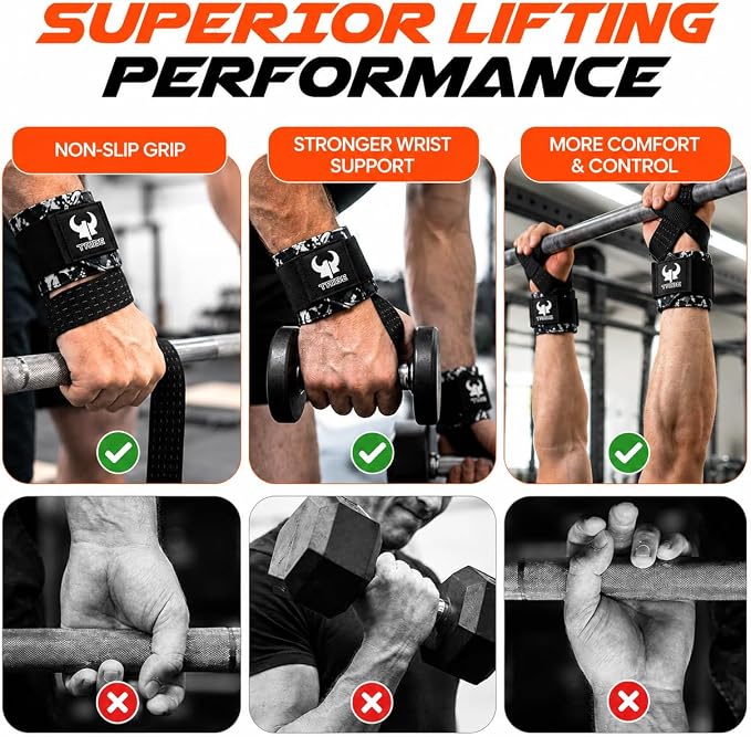 2-in-1 Heavy Duty Lifting Straps and Wrist Wraps, 18 Inch Non-Slip Grip