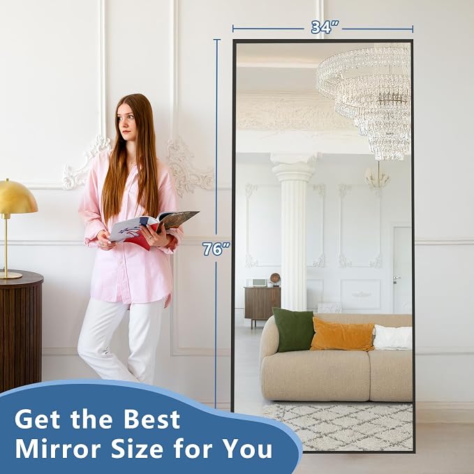 76"x34" Large Floor Mirror Full Length with Stand, Oversized Black | Free Standing or Leaning, Wall‑Mountable, for Bedroom Living Room Home Gym, Rectangular, Tempered Glass, Aluminum Frame