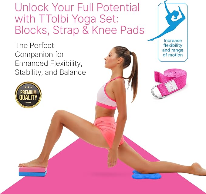 Yoga Blocks 2 Pack with Strap and Guide – Soft Non-Slip EVA Foam Blocks | High-Density Pilates Blocks for Home Workouts, Dance, Ballet, Gymnastics & Stretching Exercise, Dance Accessories and Gifts