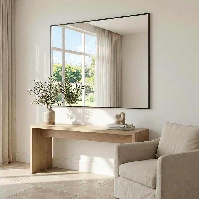 36" x 48" Matte Black Wall Mirror for Bathroom, 48" x 36" Oversized Rectangular Metal Framed Decor, Wide Accent Mirror for Living Room & Vanity