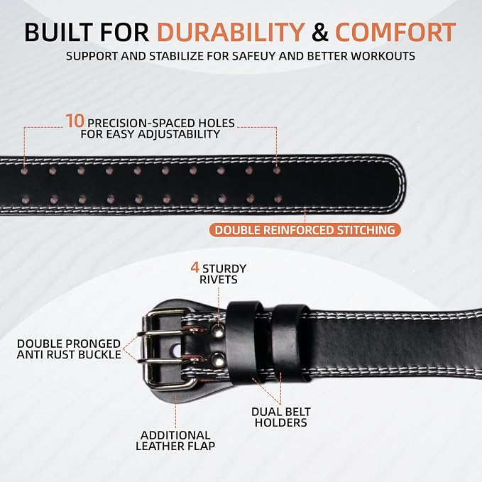 Leather Weight Lifting Belt, 4”& 6”Padded Lumbar Back Support, 10 Adjustable Holes, Gym Weight Belt Ideal for Deadlift, Powerlifting, Bodybuilding and Squat