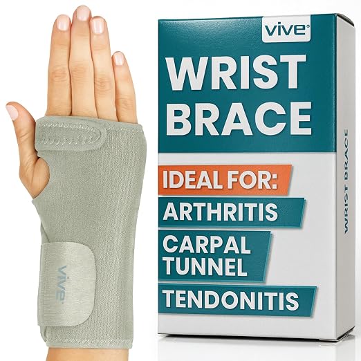 Vive Wrist Brace - Carpal Tunnel Hand Compression Support Wrap for Men | Women, Tendinitis, Bowling, Sports Injuries Pain Relief - Removable Splint - Universal Ergonomic Fit (Gray, Right)