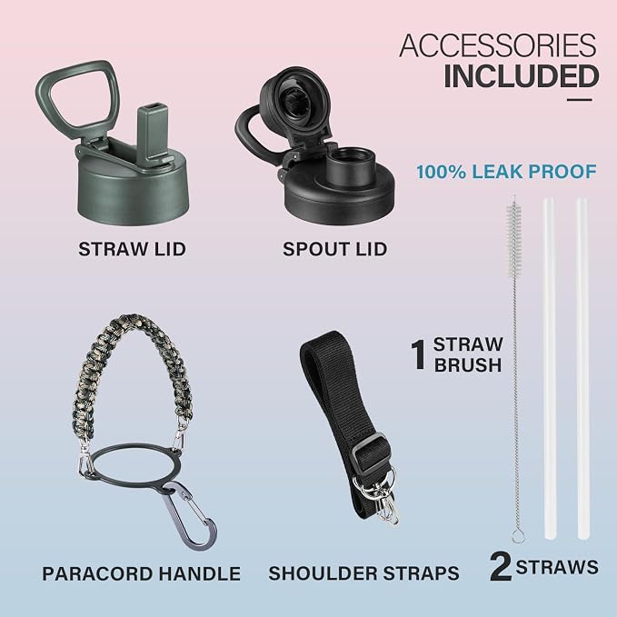 KXIAOCHEN Insulated Water Bottle with Strap, 48-Hour Cold, 2 Lids | Triple-wall insulation, lead-free 18/8 Stainless steel, paracord handle, carabiner clip, for gym, hiking, camping and travel
