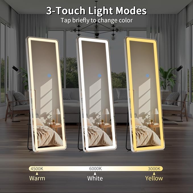 Koonmi LED Full Length Mirror, 56"x20" Full Length Mirror with Lights, Lighted Floor Mirrors with Stand, Full Body Mirrors with Dimming & 3 Color Lightingfor Living Room Cloakroom, White