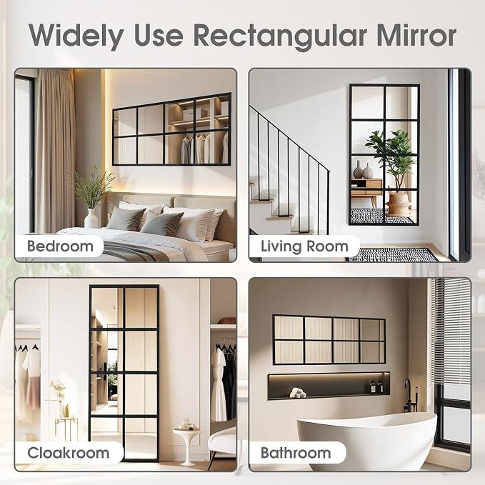 DUMOS Window Pane Wall Mirror, 16x32 Inch Black Framed Mirrors for Wall Decor Living Room, Black Metal Framed Big Square Mirror for Bathroom, Bedroom, Entryway