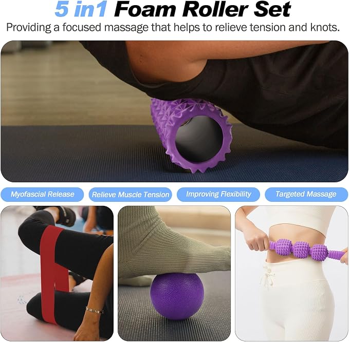 5 in 1 Foam Roller Set High Density Patented Foam Roller for Exercise | Foam Roller Massage Stick, Massage Ball, Resistance Band for Deep Muscle Massage Yoga Trigger Point Release Purple Diamond