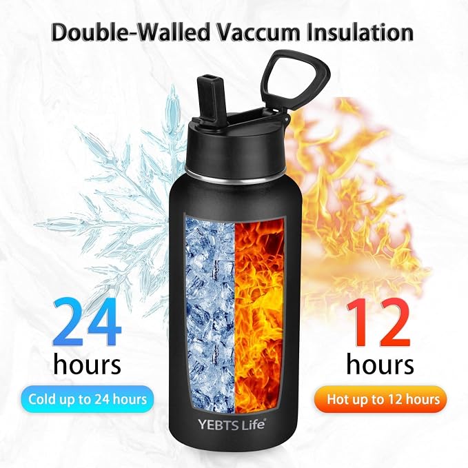 Insulated Water Bottle With Straw,32 oz Vacuum Insulated Stainless Steel Sports Water Flask,Keeps Cold and Hot,Metal Water Bottle Wide Mouth for Gym Travel Camping (Black)