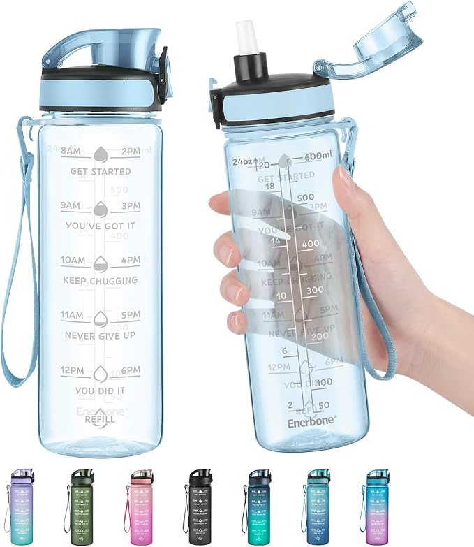 Enerbone Water Bottle, Leakproof BPA & Toxic Free, Motivational Water Bottle with Times to Drink and Straw, Fitness Sports Water Bottle with Strap for Office, Gym, Outdoor Sports