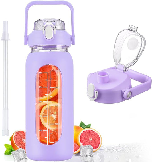56oz Glass Water Bottles with Straw, Motivational Glass Bottle with Silicone Sleeve and Time Marker, Leakproof Large Glass Water Jug for Gym Home Office,Purple