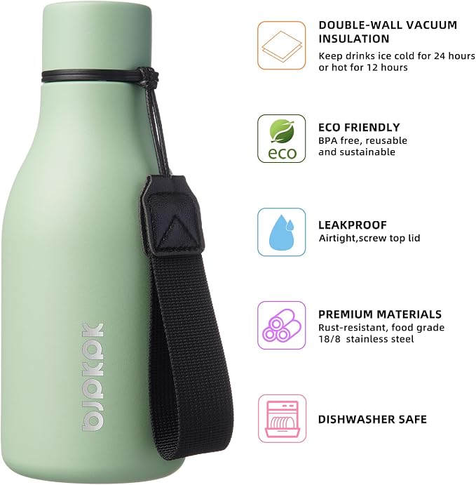 BJPKPK 12oz Insulated Water Bottle, Stainless Steel Bottle with Carry Strap | Keep Cold & Hot Vacuum Insulation, Leak-Proof BPA-Free Design, Slim Bottle Fits Most Cup Holders for Gym, Office & Travel