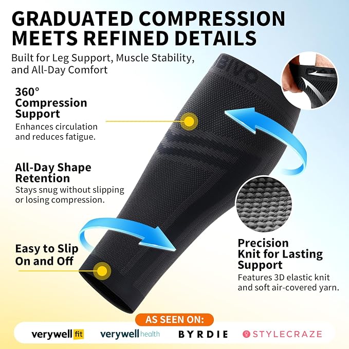 CAMBIVO Calf Compression Sleeve for Men Women Footless | Graduated Compression, Shin Splint Relief, Moisture Wicking, Running Standing Travel, 4D Knit Anti-Slip, Varicose Veins
