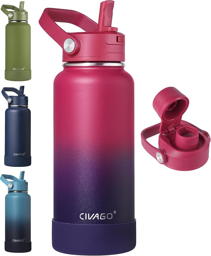 CIVAGO 32 oz Insulated Stainless Steel Water Bottle with Removable Straw | Large Leakproof Metal Water Jug, Sports Thermal Flask Cup with Bucket Handle, Silicone Boot, Dishwasher Safe, Dark Rainbow