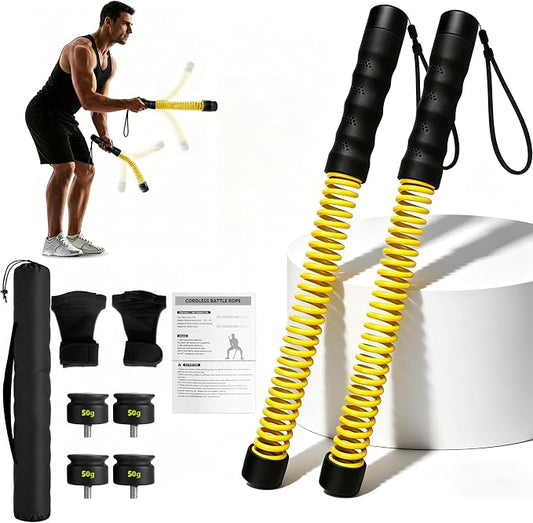 Cordless Battle Ropes with Adjustable Weights Blocks, Portable Ropeless Workout Equipment for Home Gym, Full Body Strength & HIIT Training, Cardio Exercise Rope with Gloves & Storage Bag