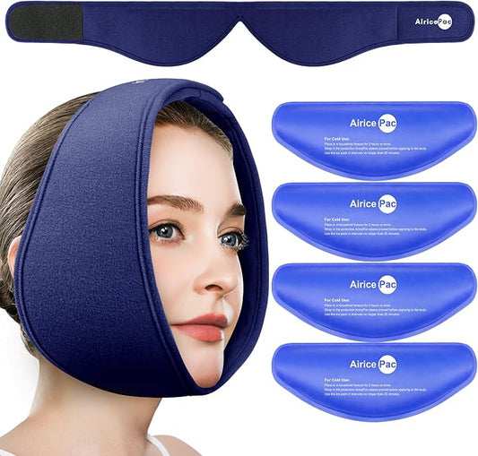 AiricePac Wisdom Teeth Ice Pack Head Wrap, Face Ice Pack for Jaw Oral Surgery Pain Relief for TMJ, Teeth Removed, 4 Cold Therapy Gel Packs Reusable, Blue