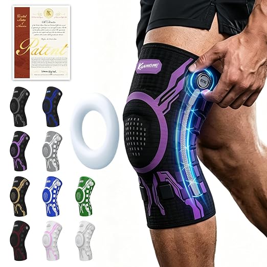 Kuangmi Knob Knee Brace for Pain Relief, Knee Support with Patella Gel Pad & Side Stabilizers, Compression Knee Sleeve for Workout, Arthritis, Joint Pain, Meniscus Tear (Purple Black,Left,X-Large,Single)